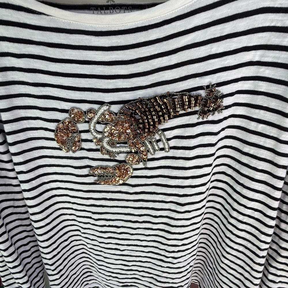 Talbots Blue and White Striped Top with Beaded Lobster